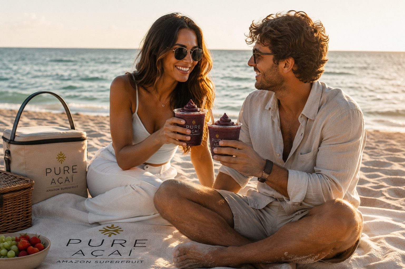 Couple enjoying PURE Açaí on the beach at sunset
