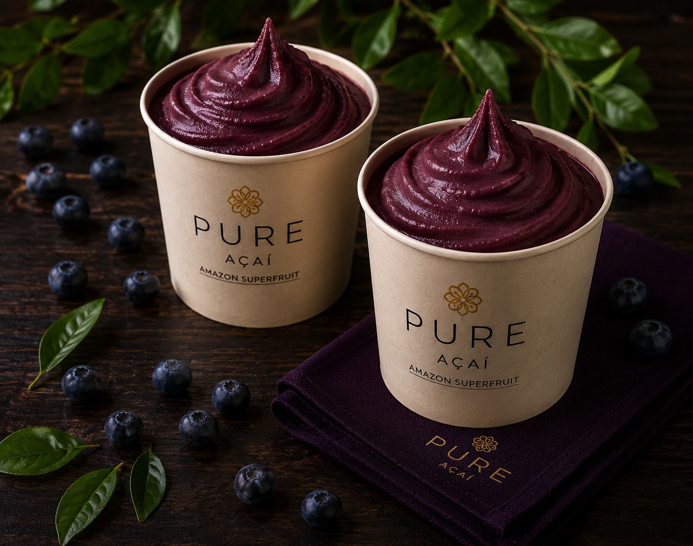Two PURE açaí cups with fresh blueberries and leaves