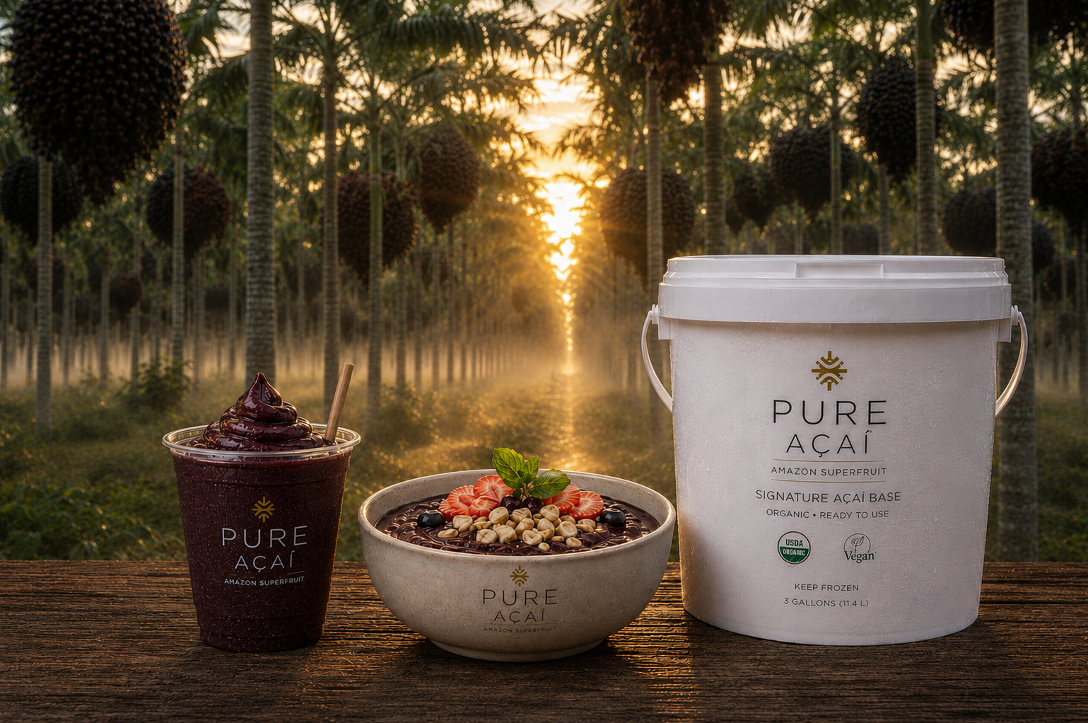 PURE Açaí smoothie, bowl and 3-gallon Signature Açaí Base in an Amazon açaí palm plantation at sunrise