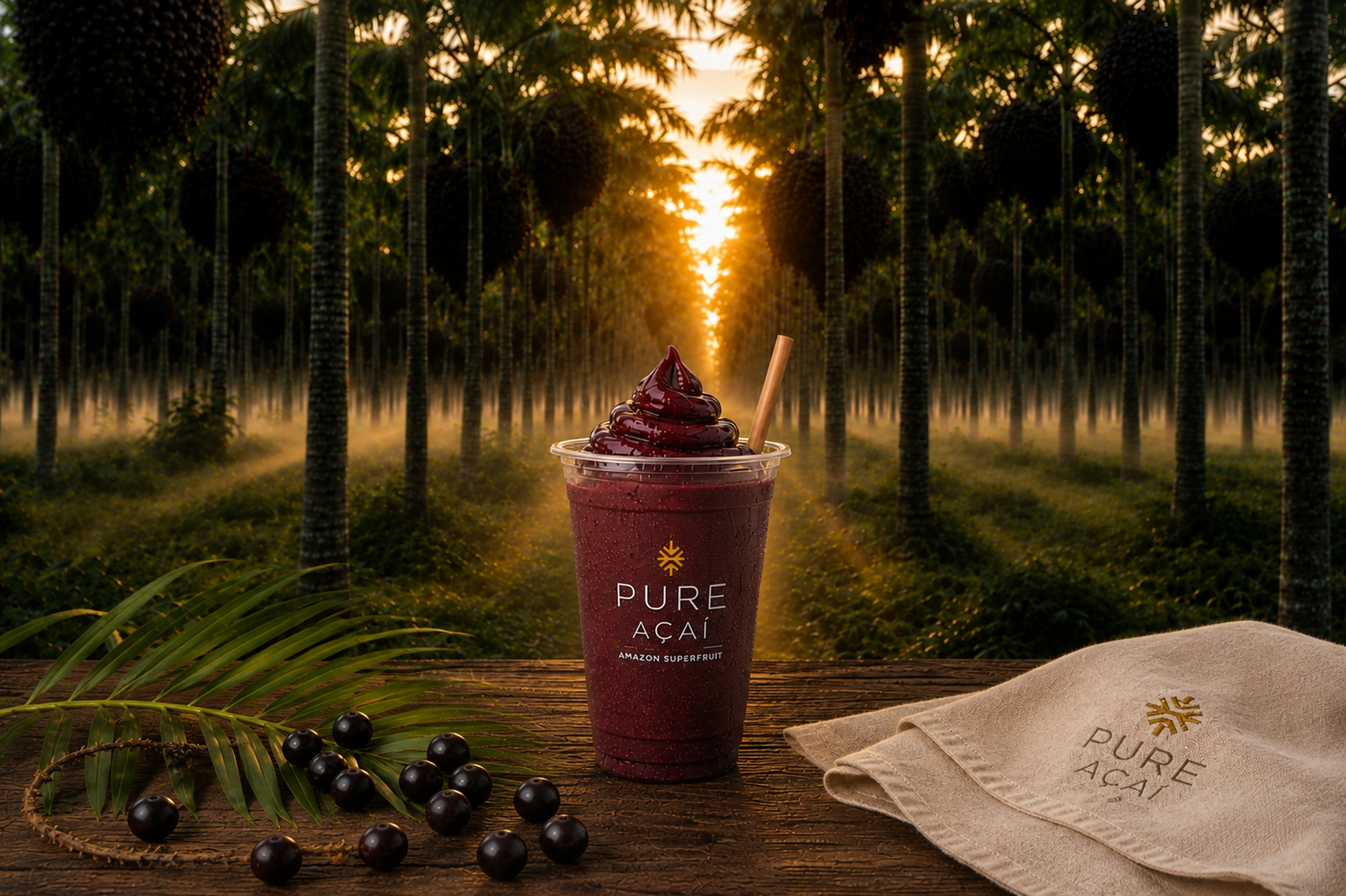 A PURE Açaí cup with a wooden straw on a rustic table with açaí berries and a palm frond, set in an Amazon açaí palm plantation at golden sunrise